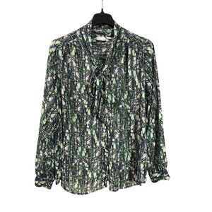 Liz Claiborne Womens 3X Abstract Print Sheer Blouse Metallic Tie Button Front